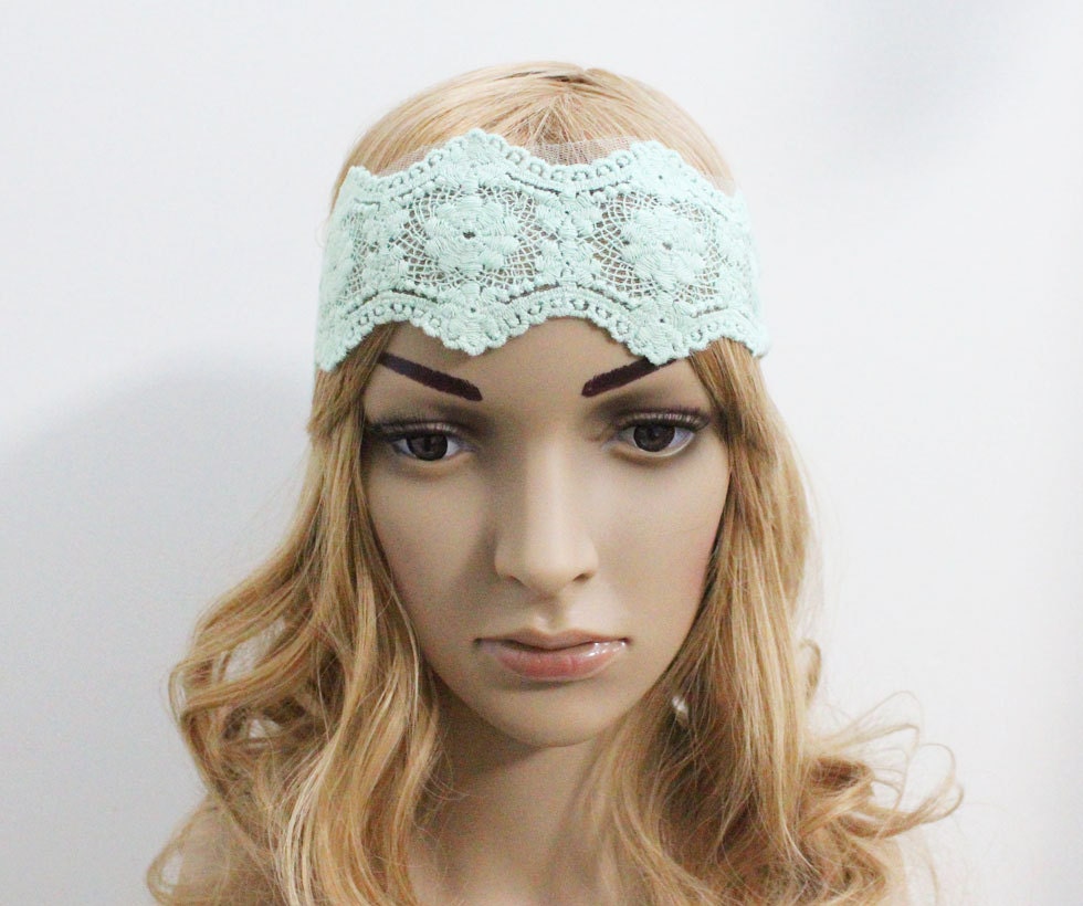 Mint Green Lace Cotton Crochet  Head Band Hair Band Elastic Band