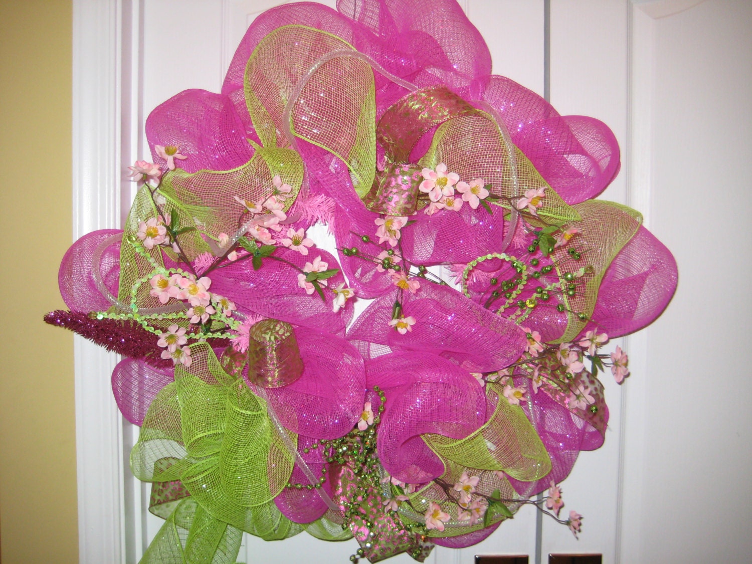 Decorated Poly Mesh Spring Wreath Pink, Fuchsia, Lime, Green