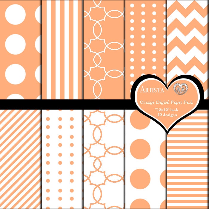 Nectarine Orange Digital Paper Goods Printable Papers 12x12 stripes, quatrefoil, chevron