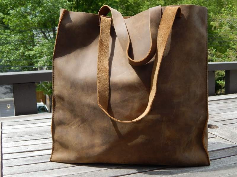 HANDMADE LEATHER TOTE Bag by Little Lion Man -  Canyon Tan/Brown Book Bag Carry-All Luggage Briefcase Grocery Messenger Hip Hand Stitched
