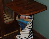 Pine Wood Side Table made with a Spiral of Books, Repurposed Book Table