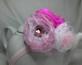Fabric Flower  Fascinator wedding hair accessory Headband or clip made with organza flowers, feathers, pearls and gemstone accent