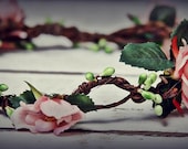 Flower head wreath-Woodland Flower crown Fabric Flowers with Rhinestone centers & faux berries