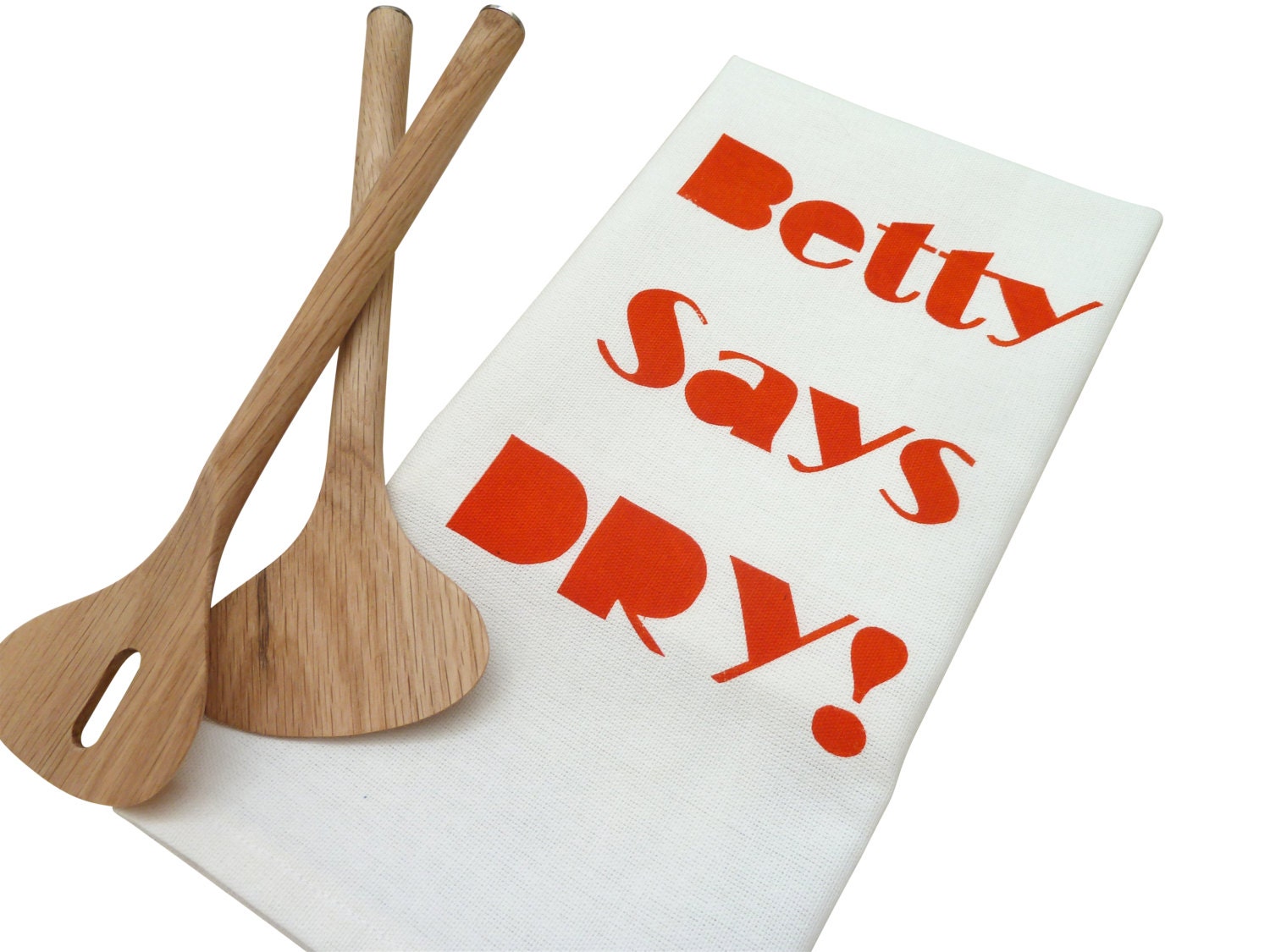 100% cotton tea towel with BETTY SAYS DRY print in orange