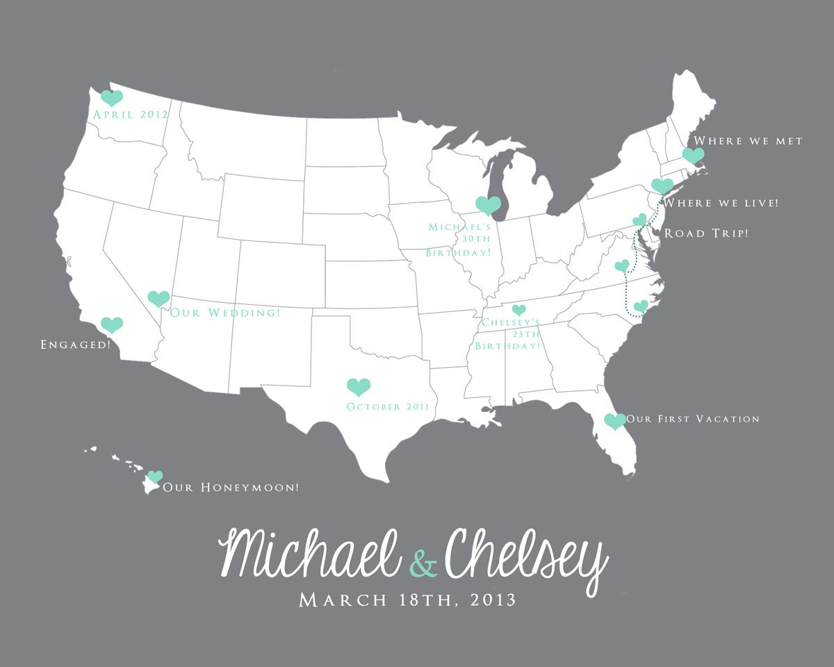 Custom Map, 8x10 Art Print -  Wedding, Vacations, Memories, Family - You Choose, Travel, Jet Setters, US Map, Names, Life