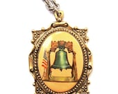 Vintage Americana Aged Silver and Gold Toned American Liberty Bell Necklace Vintage Jewelry