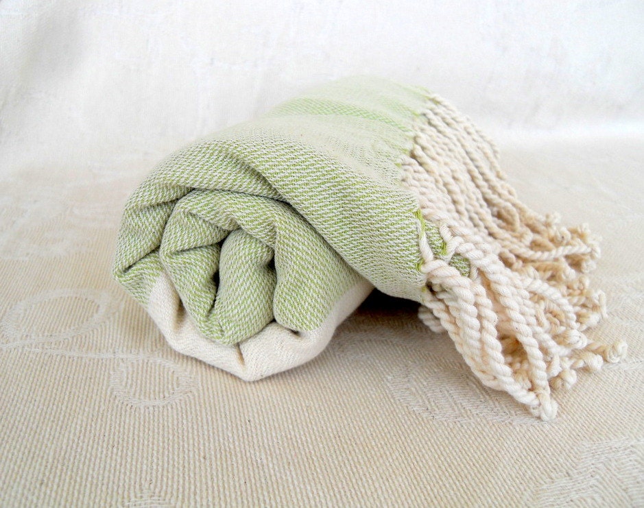 Turkish Towel, Peshtemal, Natural Soft Cotton, Bath Towel, Beach Towel, Lime Green, Long Fringes