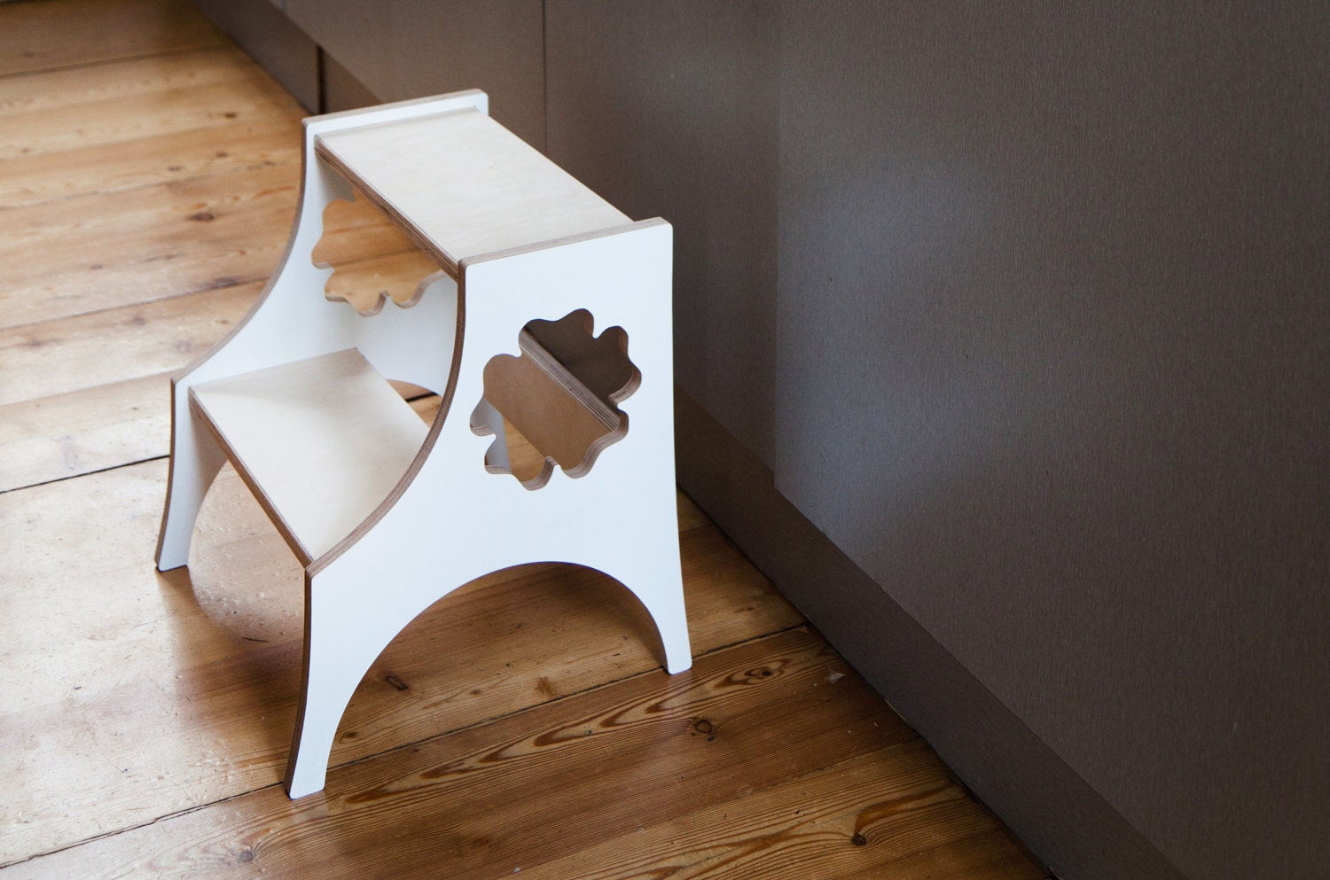 Wooden kids step stool. Birch plywood stool with five leaf clover ornament handles. Free shipping.
