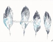 Blue Grey White Feathers - Watercolor Painting - Art Print - available in 2 sizes 4x6 and 5x7