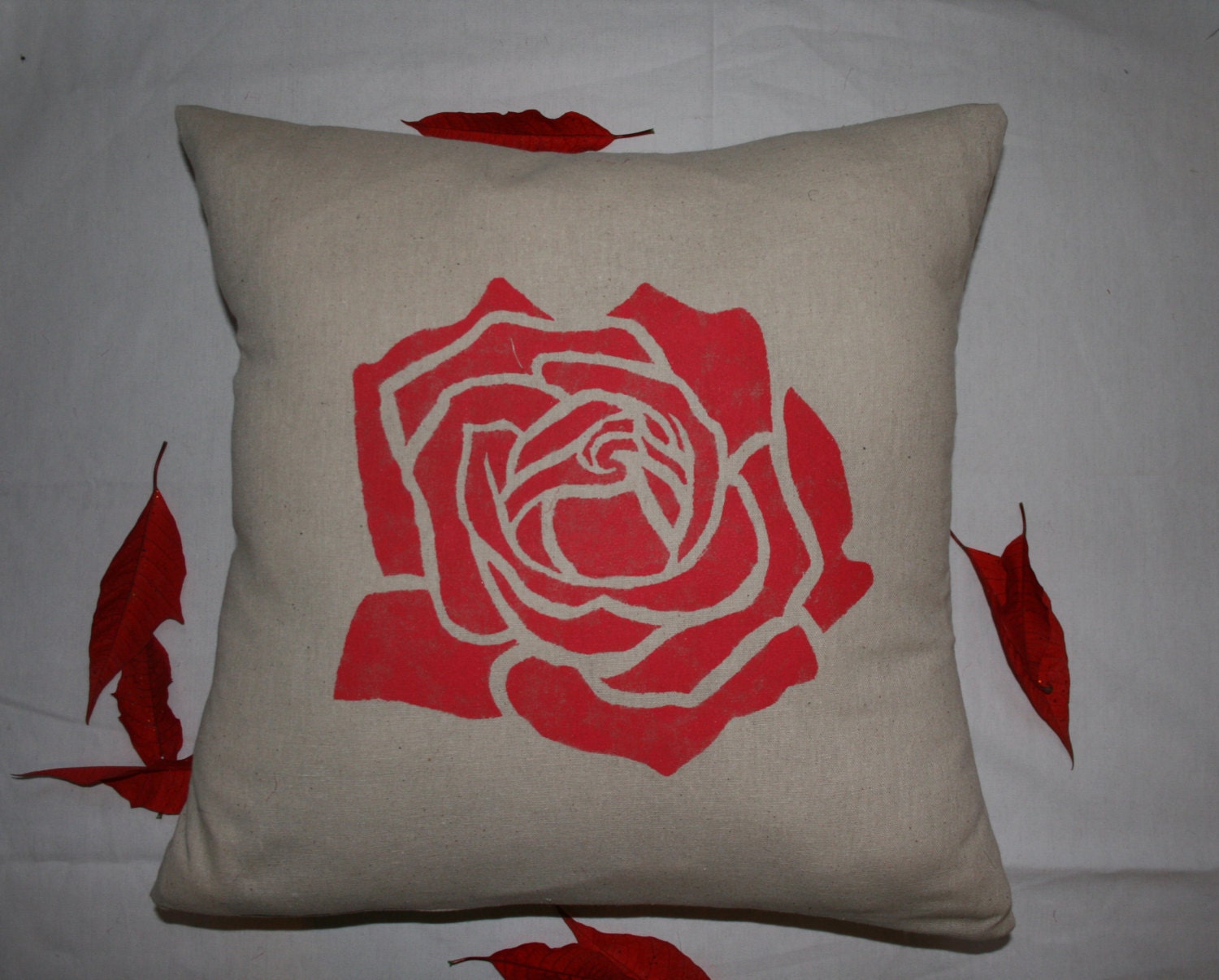 Decorative Red Rose Square Pillow Cover  - Cushion Cover - Accent Pillow - Throw Pillow - Rose in Red on Natural Osnaburg