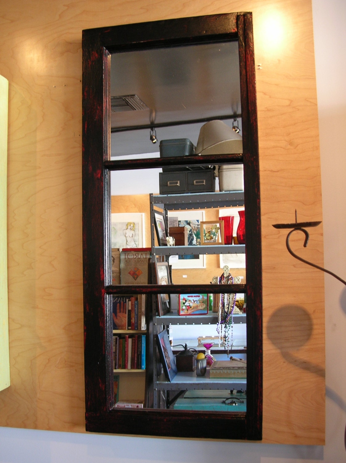 Handmade window mirror  - salvaged repurposed wood - black/red -handpainted/distressed