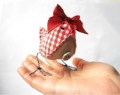 Bird figurine, handmade, gingham cotton red,white, gray soft sculpture with bow
