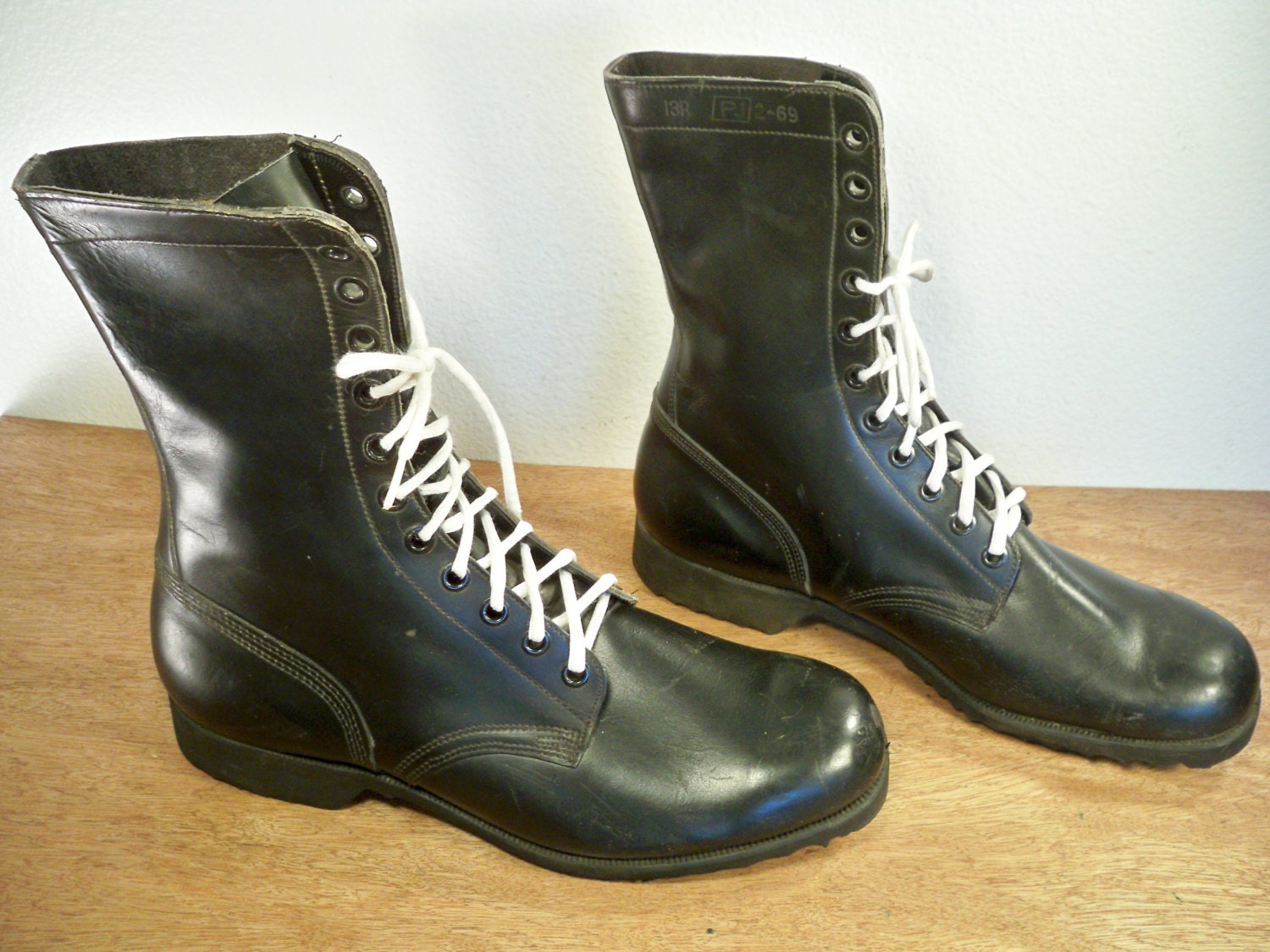 Vintage Vietnam War Era Combat Black Leather Military Men's Nam Ro Search Soles Boots dated 2-69 Size 13 Made in USA