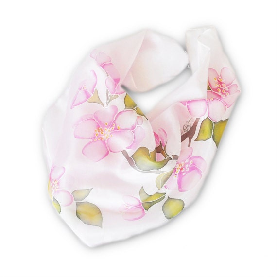 Hand Painted Silk Scarf with apple flowers. Very soft colors of pink, green,brown, yellow. Size 55x55cm.