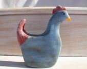 Shabby Chic French Country Vintage Style Hand Sculpted Clay Blue Primitive Hen Chicken Figurine