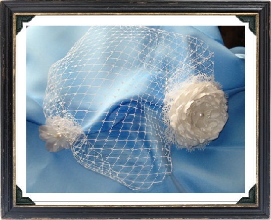 White Birdcage Veil Fascinator,White Bandeau Birdcage Veil,Wedding Hair Accessories,Wedding Headpiece,Satin,Crystals,Rhinestones,Feathers