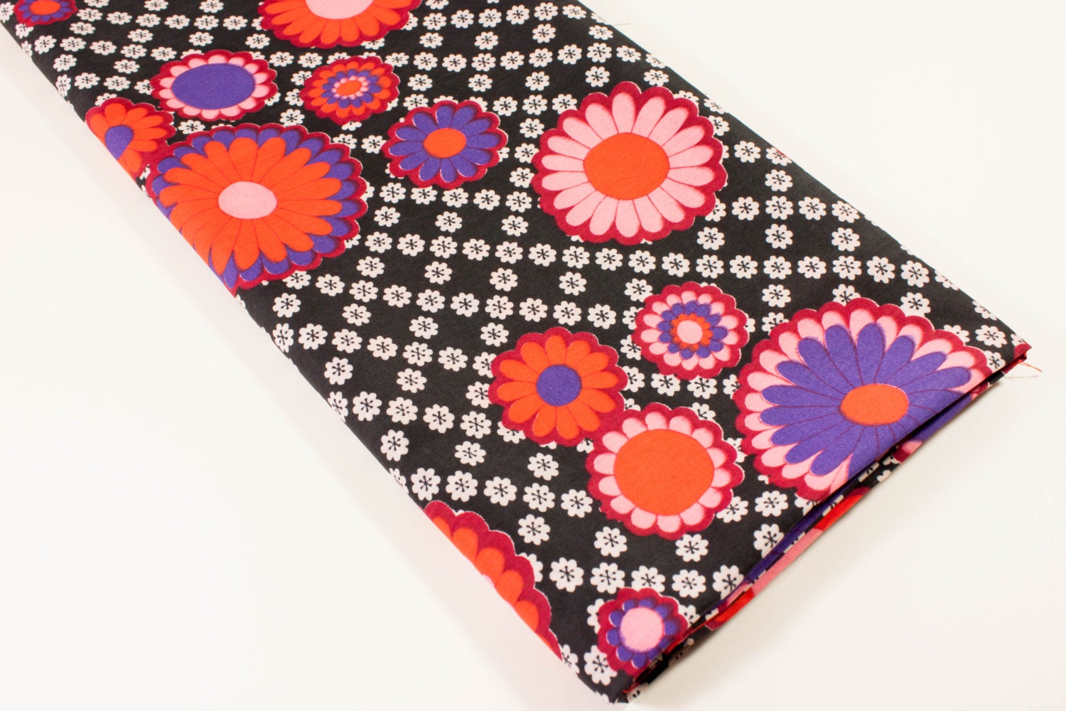 Vintage Fabric - 1980's Black with White, Pink, Purple and Orange Floral Print material purchased in Hong Kong China
