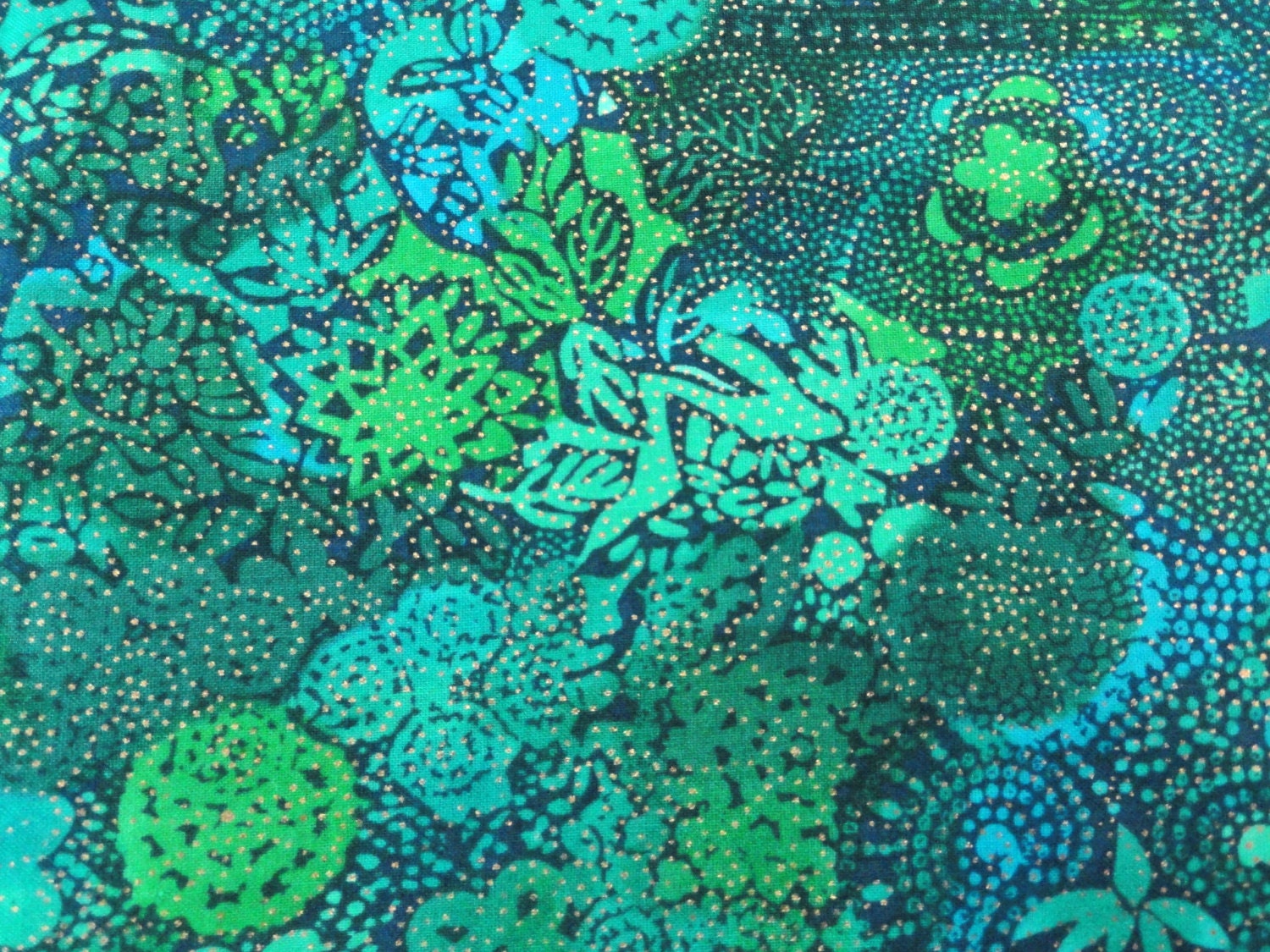 Cotton Fabric Blue Green Gold Dots 3/4 Yard