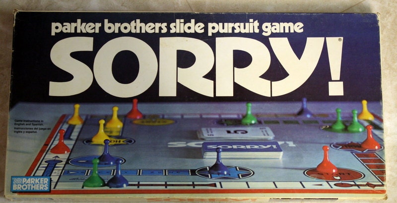 Vintage Sorry board game, Parker brothers slide pursuit game.  1972 Sorry board game