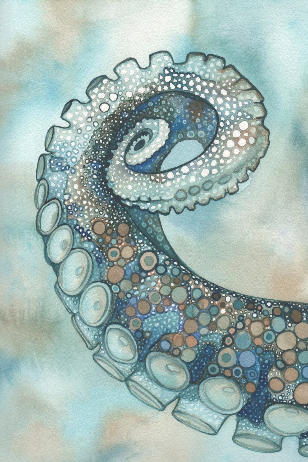 Octopus Tentacle Arm 4 x 6 print of hand painted detailed watercolour artwork in turquoise blue green and rust earth tones - psychedelic sea - DeepColouredWater