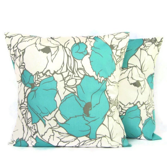 16x16 Throw Pillow Covers Teal Turquoise Gray White Flowers Home Decor Decorative