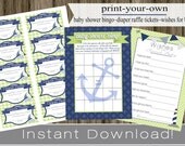 Nautical Baby Shower Bingo Game Cards, Diaper Raffle Tickets, Wishes for Baby blue green INSTANT DOWNLOAD diy digital printable file Il_170x135