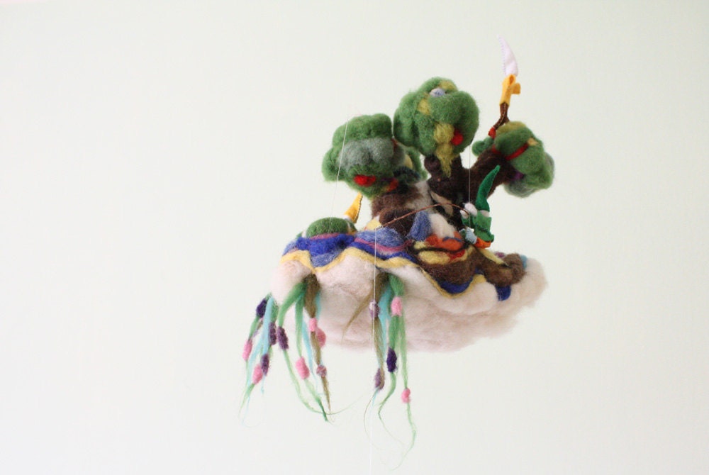 Gnomeville Ship hanging playscape and decoration, needlefelted soft sculpture of garden gnomes, waldorf, children's room decor, mobiles
