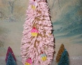 Hand dyed white "Cupcake" bottle brush tree trimmed with cupcakes and pink frosting glitter(9in)