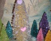 Hand dyed White "candy hearts" bottle brush tree trimmed with conversation heart embellishments(9in) hand glittered in silver