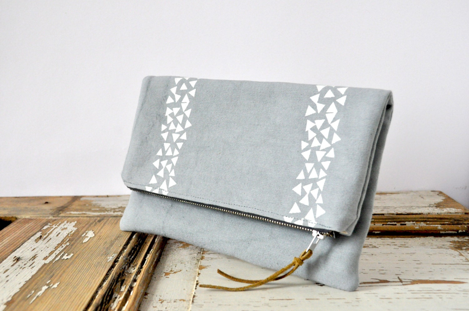 Large Pouch / Fold Over Clutch - Gray with White Triangles - hand dyed and printed cotton