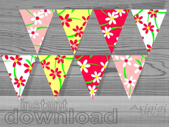 Party banner bunting, printable pennant, pattern with flowers, spring colors, digital download, PDF files ready to print Il_170x135