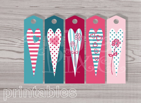Instant Download Valentine Hearts Printable Bookmark Long Gift Tags Pink Teal Blue Green PNG PDF Il_570xn