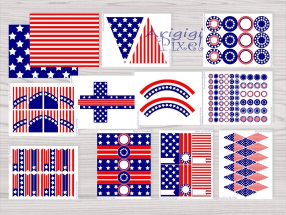 Patriotic Party Printables Set of 12 PDF file Stars ans Stripes USA flag inspired instant download Il_570xn