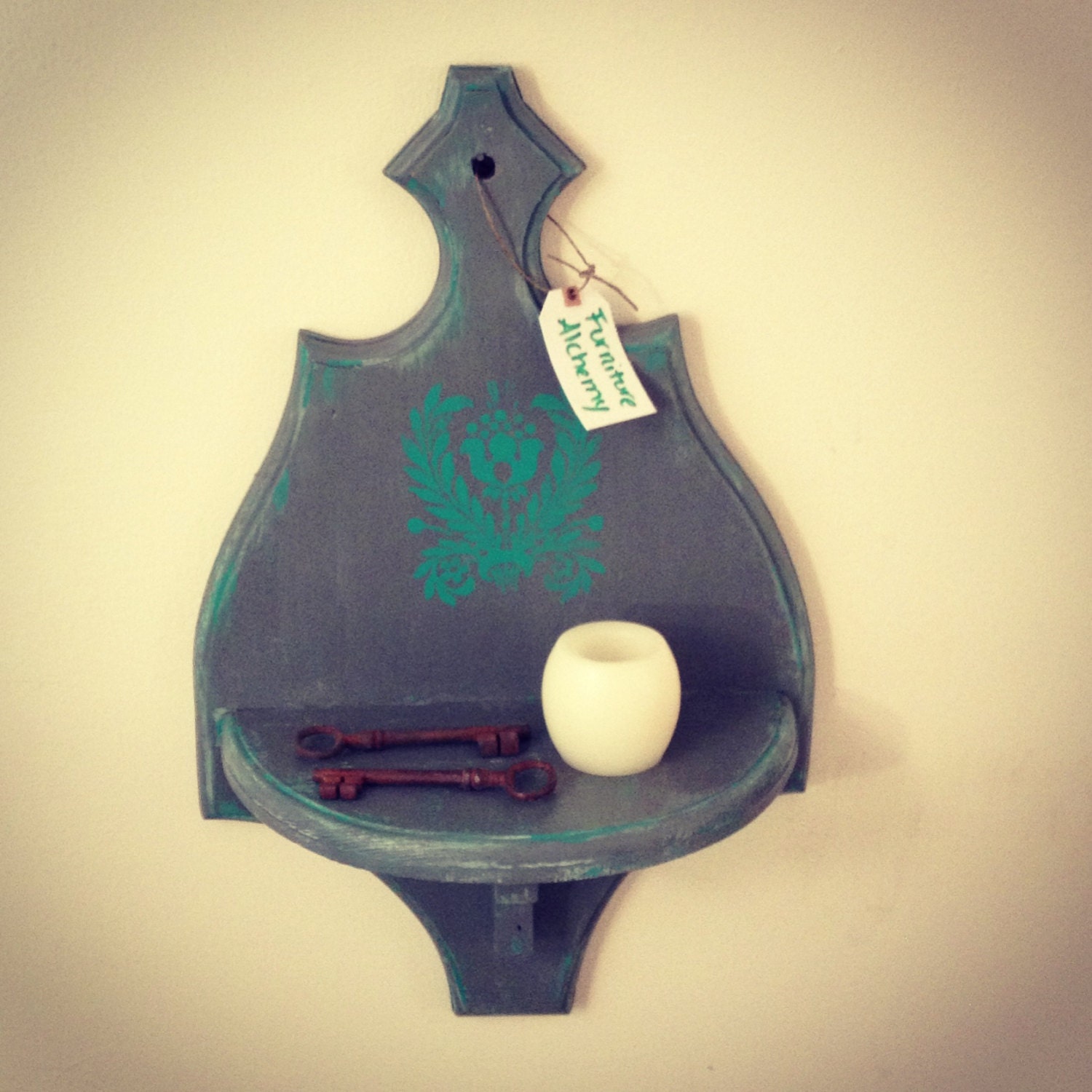 Rustic candle holder/ wall sconce-distressed turquoise and charcoal with stencil