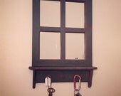 Rustic window pane mirror with key hooks- Graphite and Primer Red