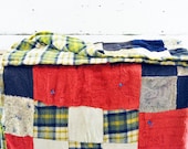 SALE 20% OFF-Vintage, Patchwork, Cabin, Camping Blanket, Square, Home Decor, Green Plaid, Red, Fuzzy, Warm, Soft, Colorful, Rustic Quilt.