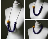 Statement Necklace in Deep Purple and Sunny Yellow / Hand Painted Wooden Bead Necklace on Gray Leather / Adjustable Length