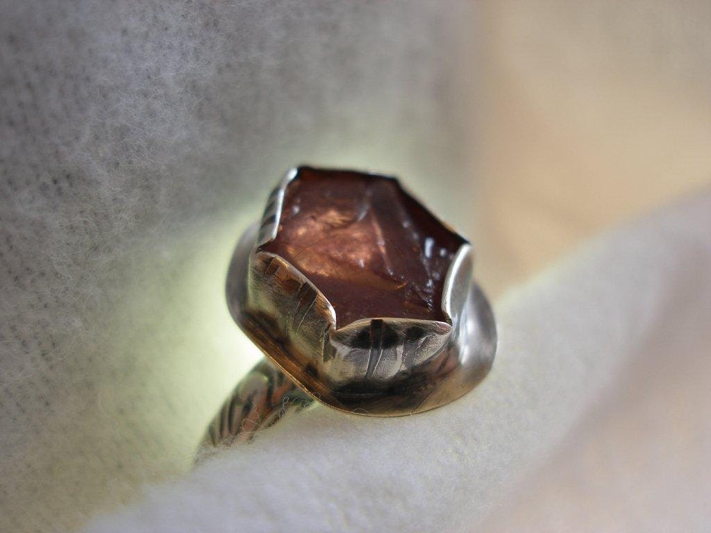 Handmade patterned Sterling Silver RUBY. Naturally Formed Hexagon Crystal Rough. 10x12mm Ring, red, ready to ship size 7 1/2