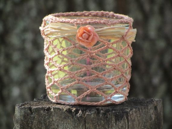 Crocheted tea light candle holder cozy - Peach with raffia trim- Wedding decor - Shower decor