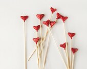 12 Red Glittered Origami Heart Cake Topper, Birthday, wedding, engagement party, tea party, Valentines day