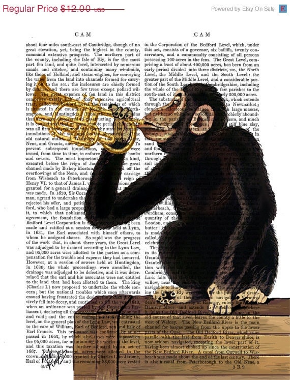 ON SALE Monkey Chimpanzee Trumpet Original Illustration Art Print Mixed Media Painting wall art wall decor Wall Hanging Digital Print