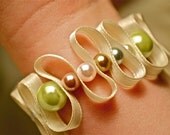 Bead and ribbon bracelet. Multicolored. Mint green, pink, ivory and tan glass pearls. Cream, off white ribbon jewelry. Free shipping.