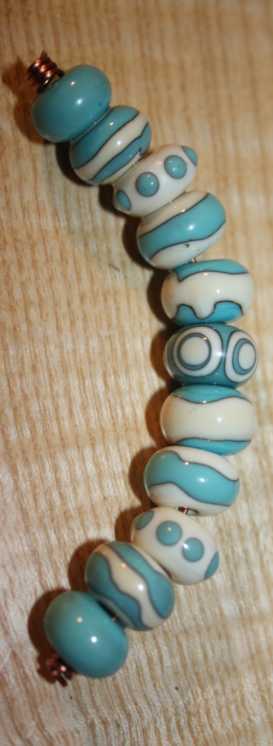 Handmade Lampwork Glass Bead Set in Ivory/Turquoise - Contemporary Spots and Stripes