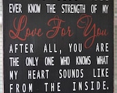 No One Else Will Ever Know The Strength Of My Love For You, Heart Sounds Like, Nursery Baby Room Sign, Primitive Wood Sign CUSTOM COLORS