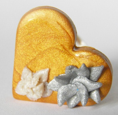 SALE ITEM Polymer Clay Heart Ring, Gold & Silver Toned Blooms, Adjustable, Handmade