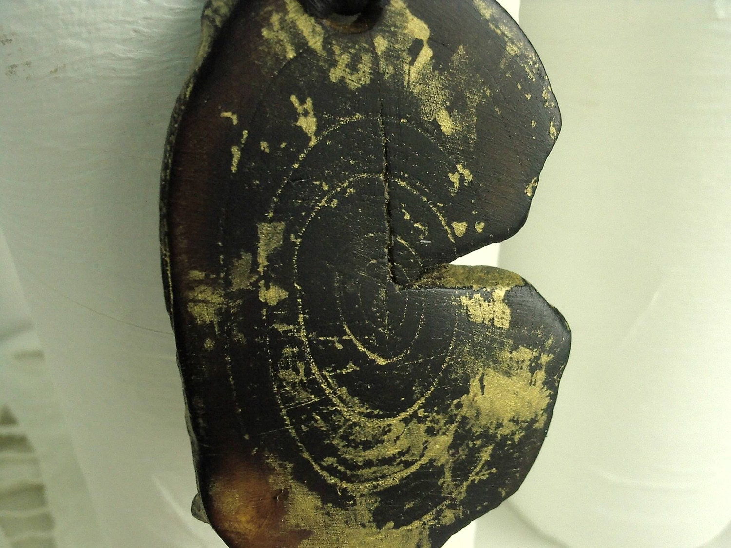 Art Sculpture Abstract Wooden pendant rustic black with gold scuffed now cheaper,  handmade unique made without repetition