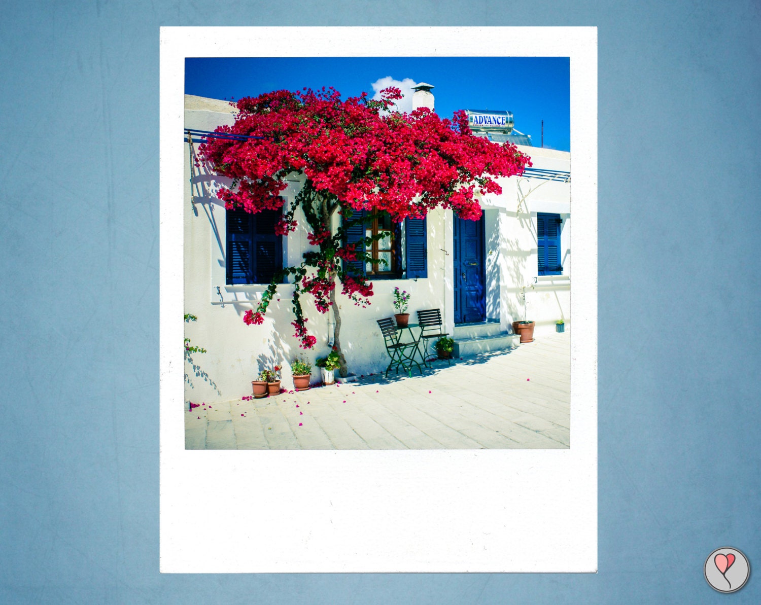 Greece print, Large Polaroid, travel photography, fine art, Paros, Greek home, flowers, tree, red, canvas option, frame option, 8x10