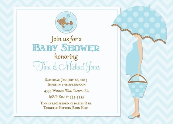 Pregnant Mom with Umbrella Blue Chevron Baby Shower Invitation - Printable Il_570xn