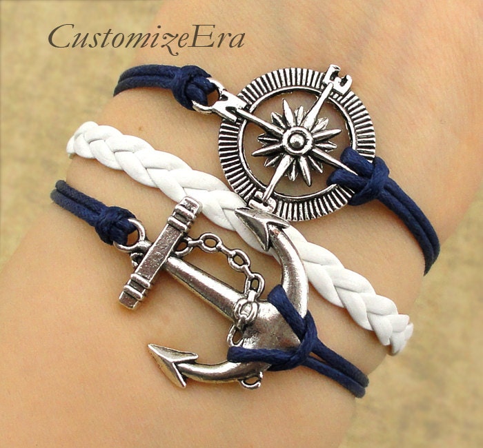 Anchor bracelet,compass bracelet,charm bracelet,nautical bracelet,braid bracelet, wax cords bracelet--friendship gift,personalized