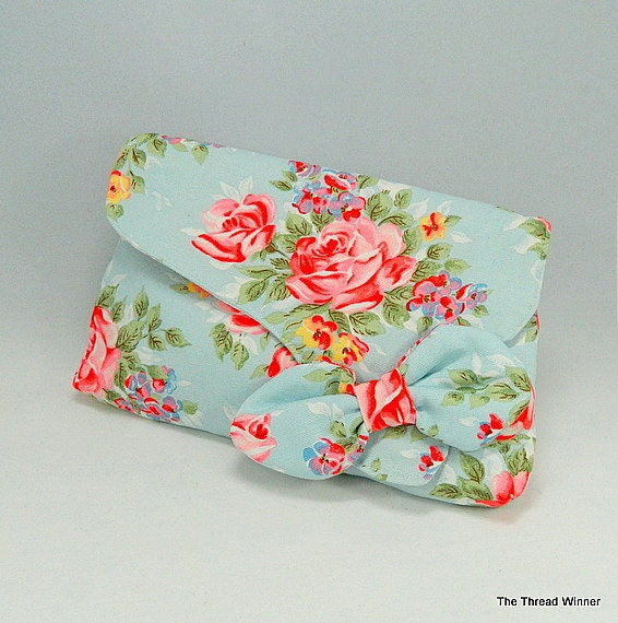 Clutch Bag, Floral Purse, Pink Roses, Blue, Cath Kidston Fabric, Gift Idea, Vintage Retro, Handmade in United Kingdom